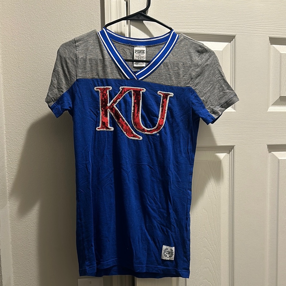 KU (University of Kansas) PINK Victoria’s Secret V-Neck Shirt